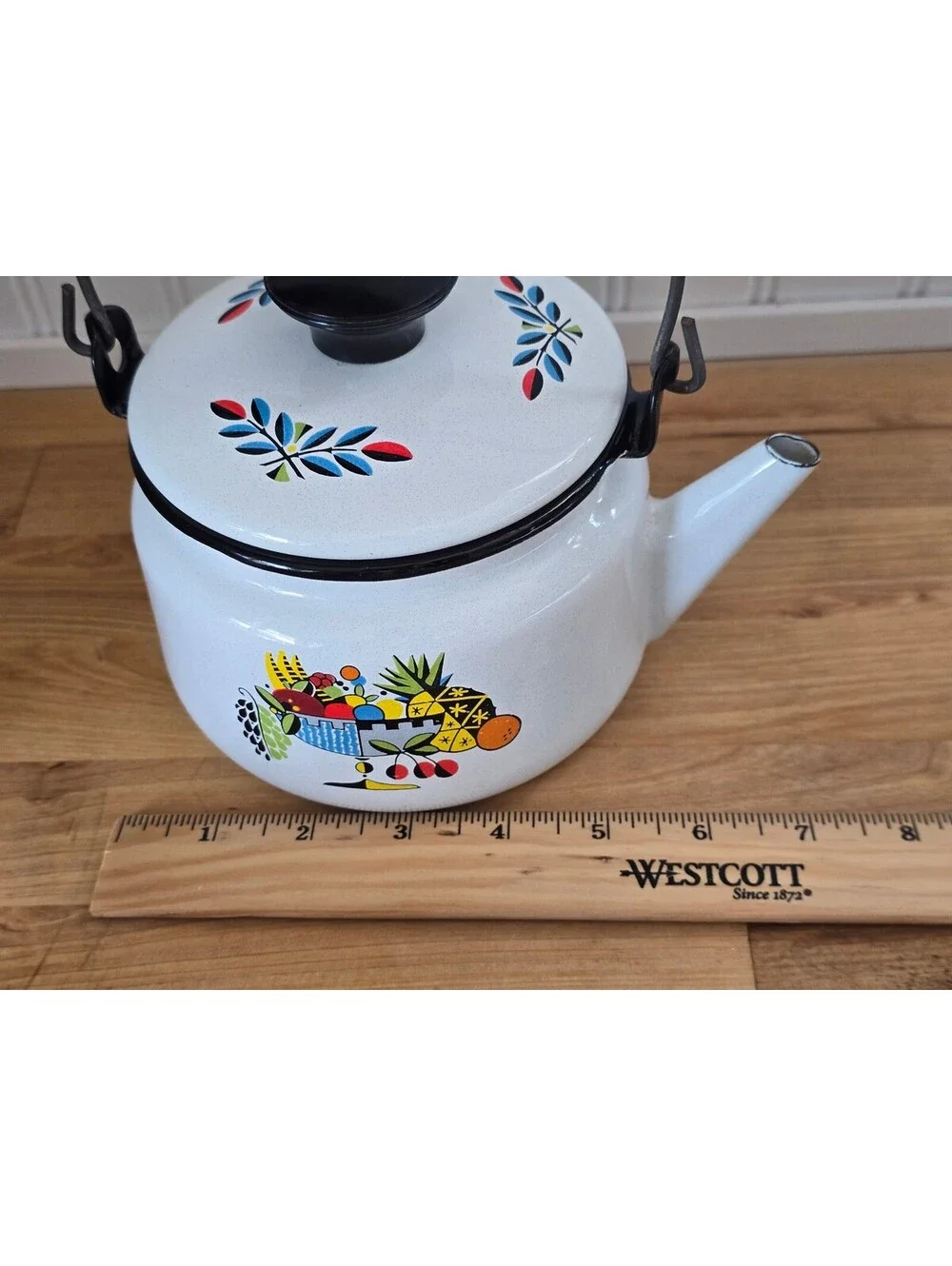Vtg Berggren Enamelware Swedish Teapot Fruit Basket Design Cottagecore